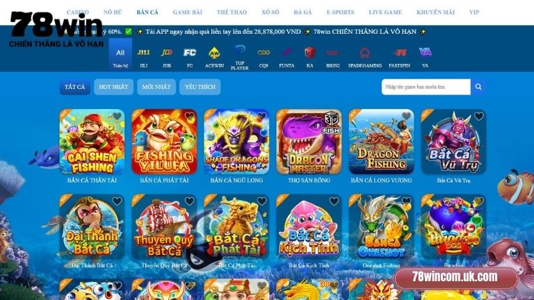 Các sảnh game bắn cá uy tín có sẵn trên nền tảng 78Win