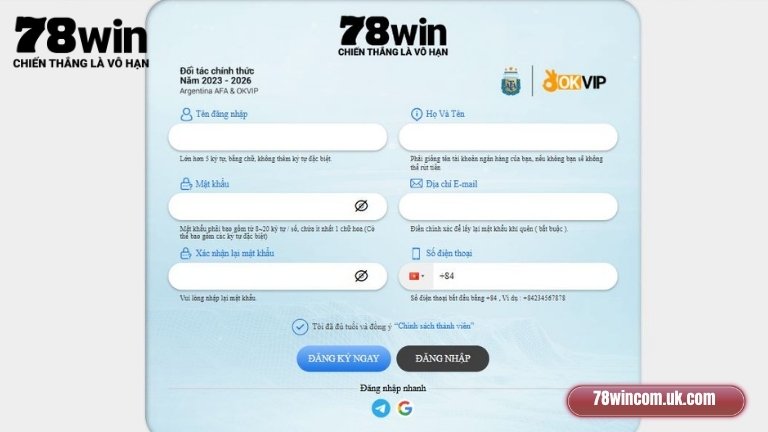 Điền thông tin vào form đăng ký 78Win